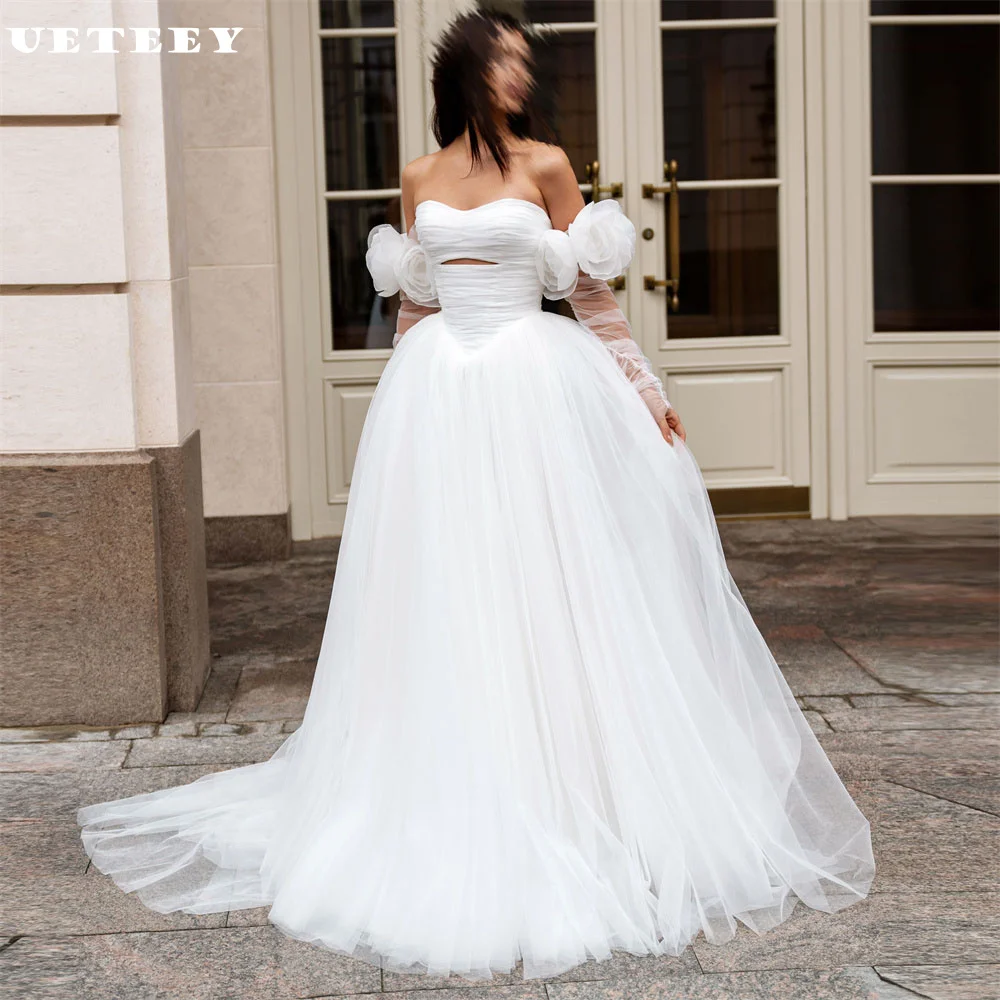 

UETEEY Свадебное платье из тюля с v-образным вырезом и открытыми плечами по индивидуальному заказу, свадебное платье трапециевидной формы со шлейфом и шлейфом сзади