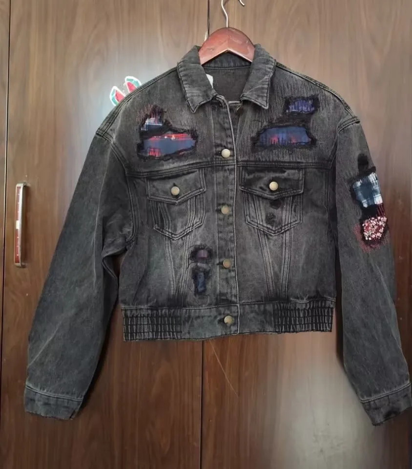 Foreign trade original single Spanish original single new embroidered sequin patchwork sleeve denim jacket