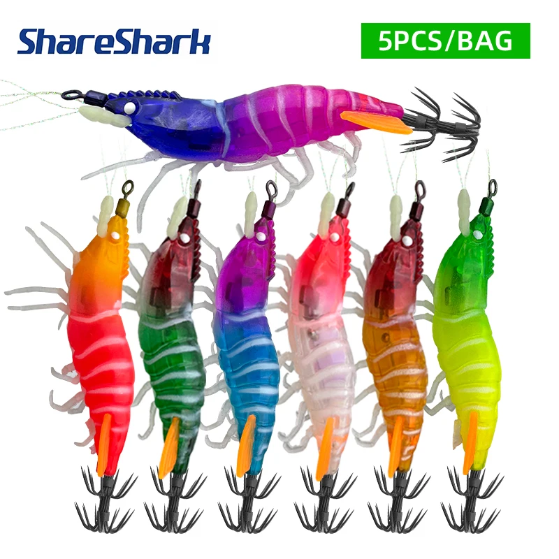ShareShark 1/5 Stück Kleine Simulierte Garnelen-Köder mit Schwanzflosse Fluoreszierender Garnelen-Köder Salzwasser-Tintenfisch-Angelköder