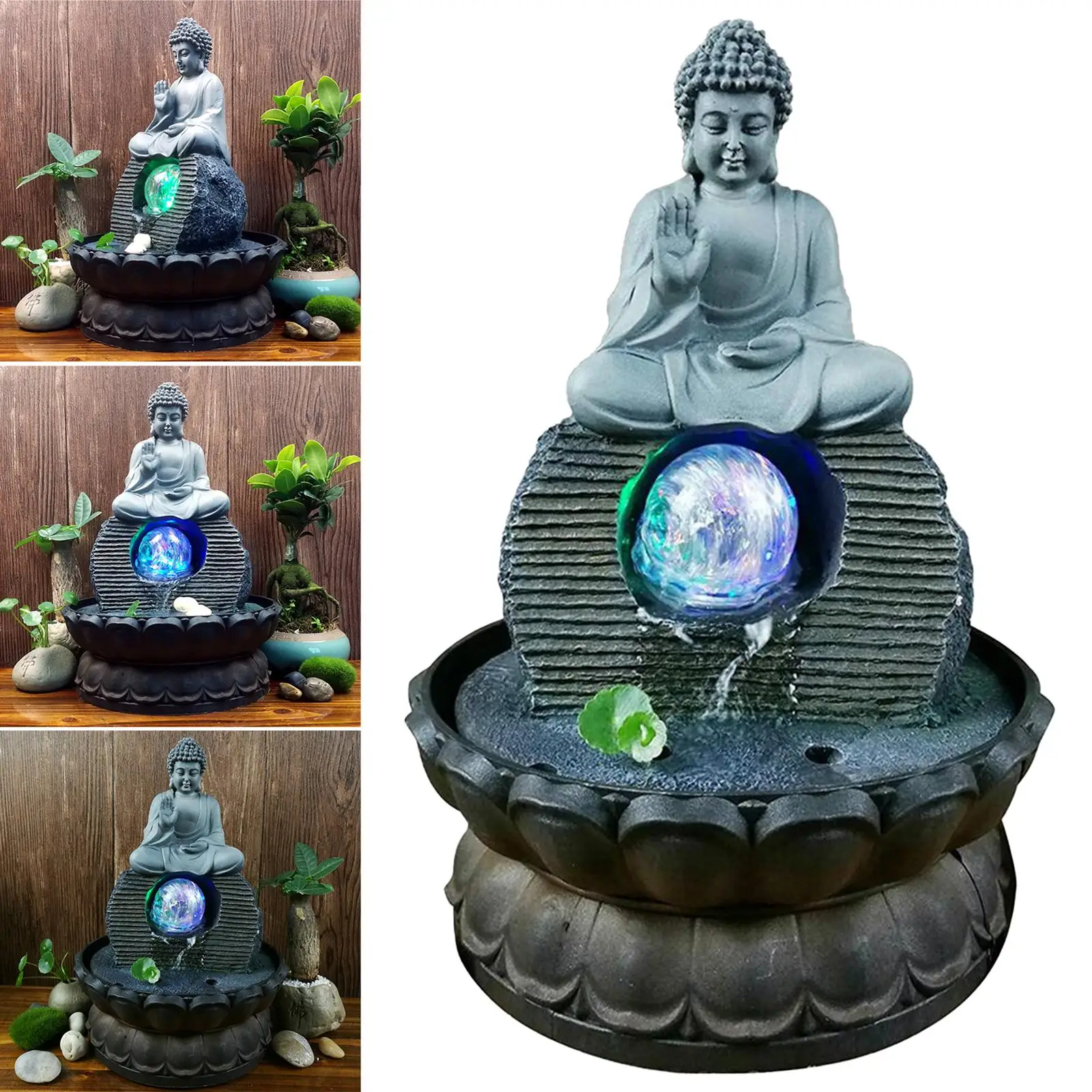 Resin Buddha Statue Water Fountain Waterscape Waterfall Zen Meditation Feng Shui LED Office Desk Garden Decor Ornament