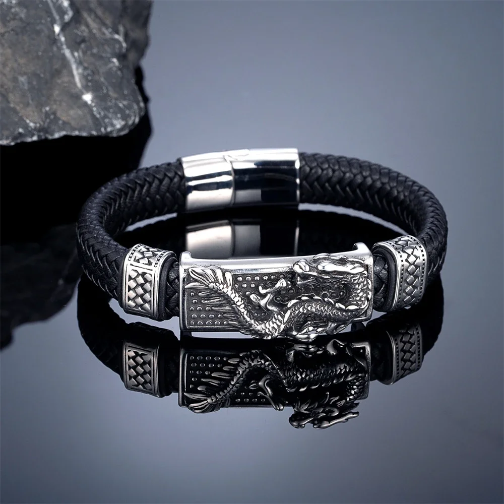 Vintage Chinoiserie Dragon Braided Leather Bracelets Men Handmade Stainless Stee Bangles Punk Male Jewelry Chinese Amulet Gifts