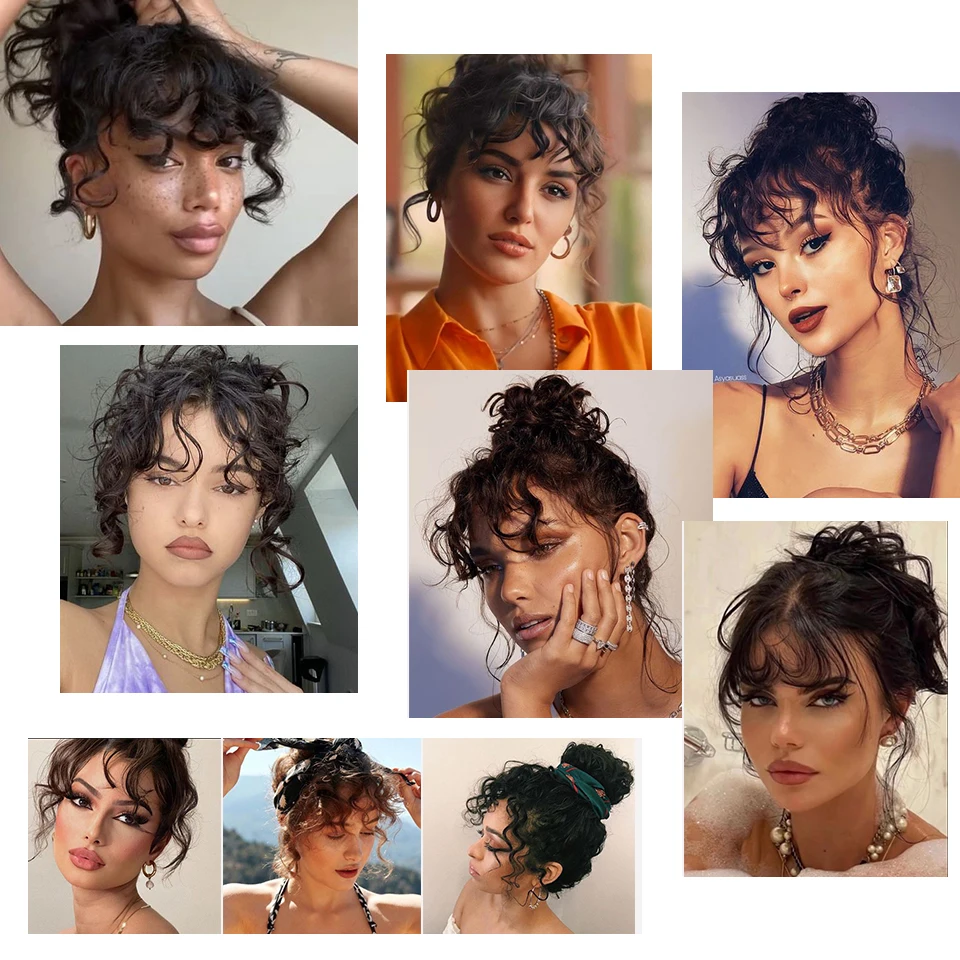 합성 곱슬 앞머리 클립 인 헤어 익스텐션 내추럴 웨이브 앞머리 헤어 익스텐션 스위핑 사이드 블런트 뱅 내추럴 헤어피스