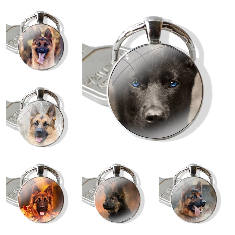 Keychain Handmade Glass Cabochon Key Ring Holder Pendant Key Chains German Shepherd Dog