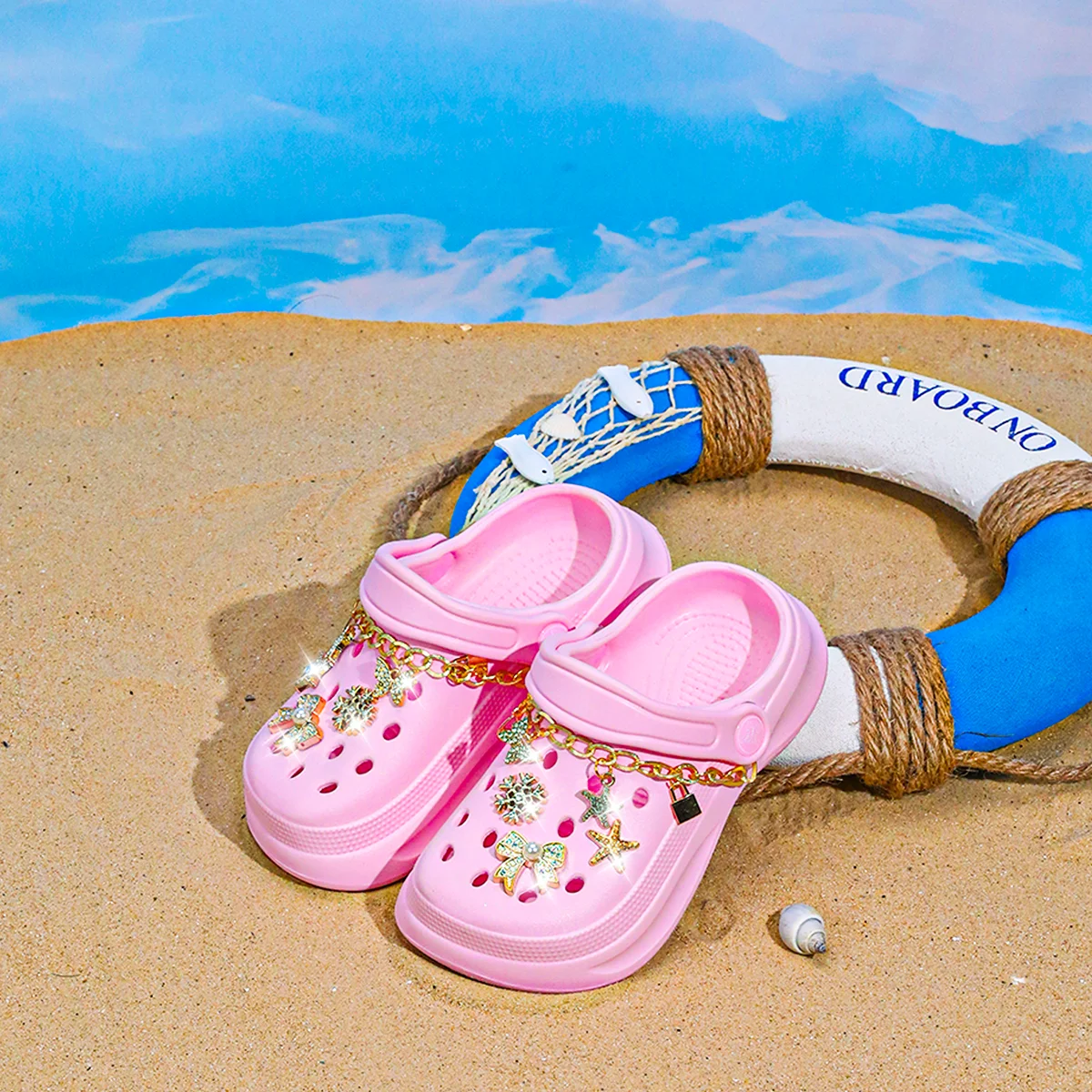 Kids Slip-On Clogs and Mules - Breathable, Waterproof, EVA Garden Shoes with Decorative Chain for Beach and Everyday Wear 168