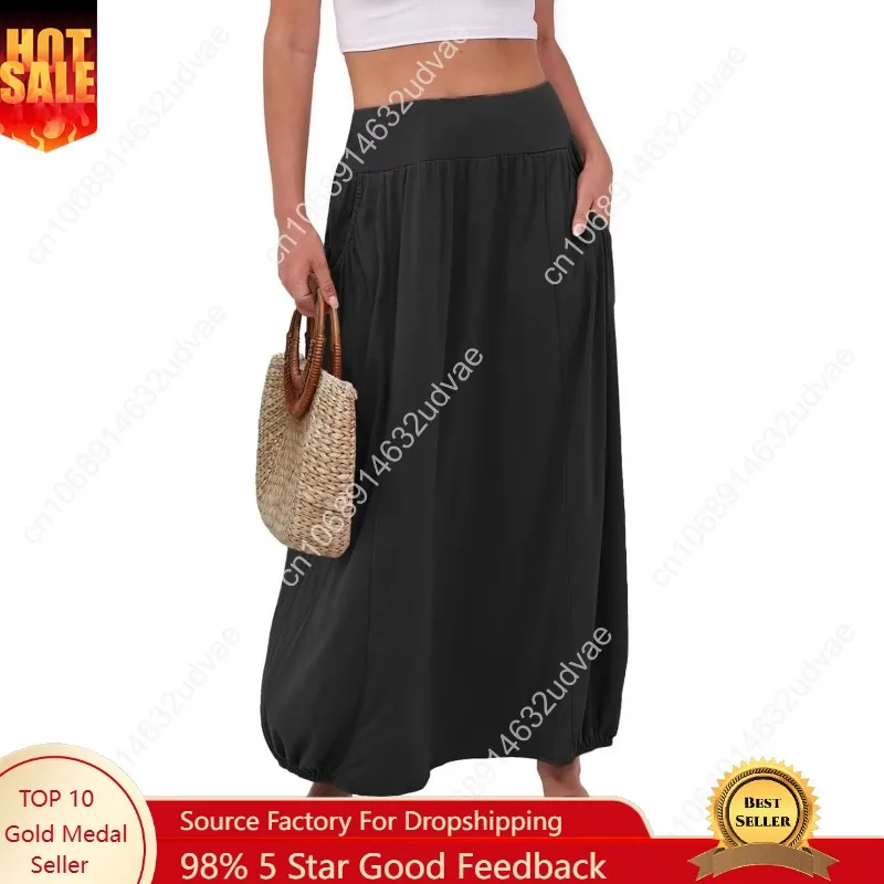 

Women's Summer Long Maxi Skirts 2025 Trendy Ankle Length High Waisted Boho Flowy Beach Skirt with Pockets Fashion