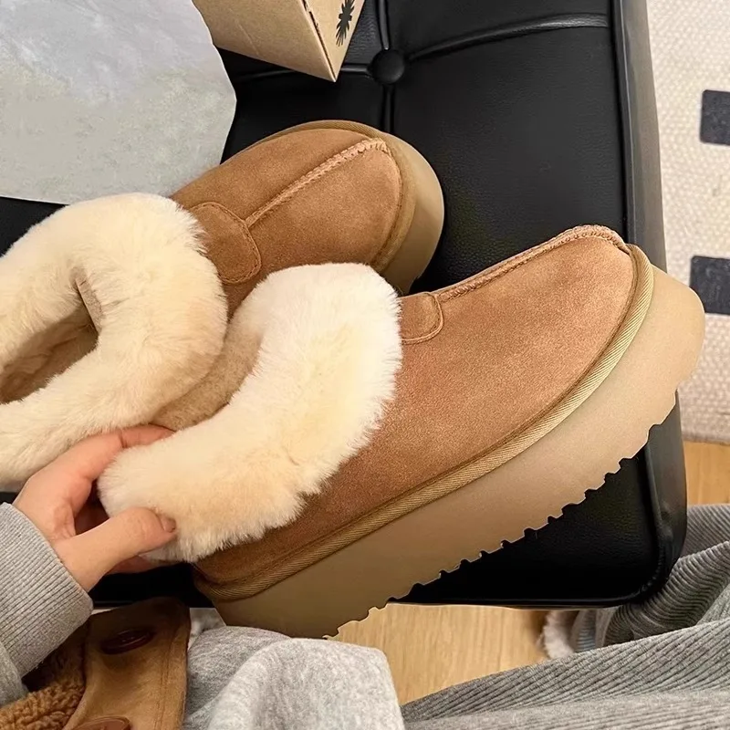 Thick soled low cut fur integrated snow boots for winter 2025  new one foot style winter fur cotton shoes