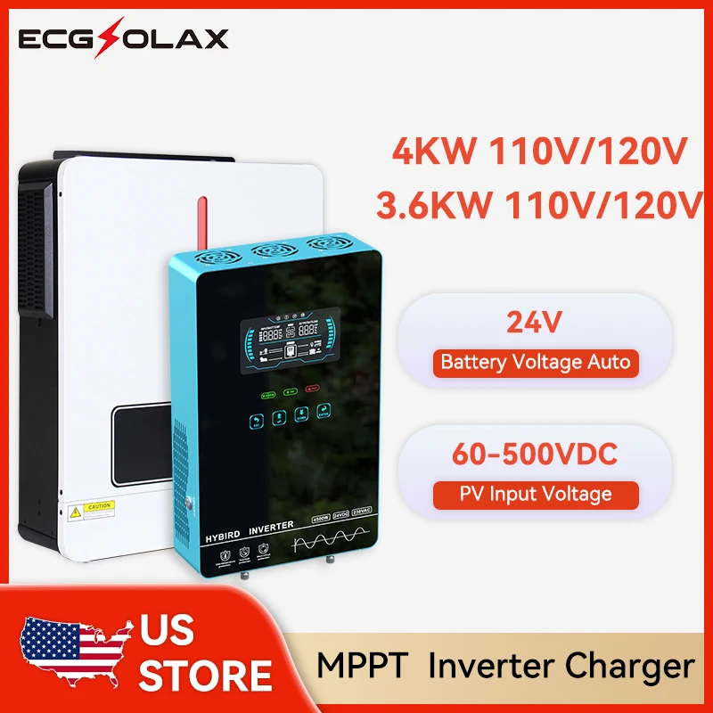 ECGSOLAX 3.6KW 4KW Hybrid Solar Inverter 24V 110/120V With MPPT 110A 120A Charging Controller Pure Sine Wave Hybrid Inverter
