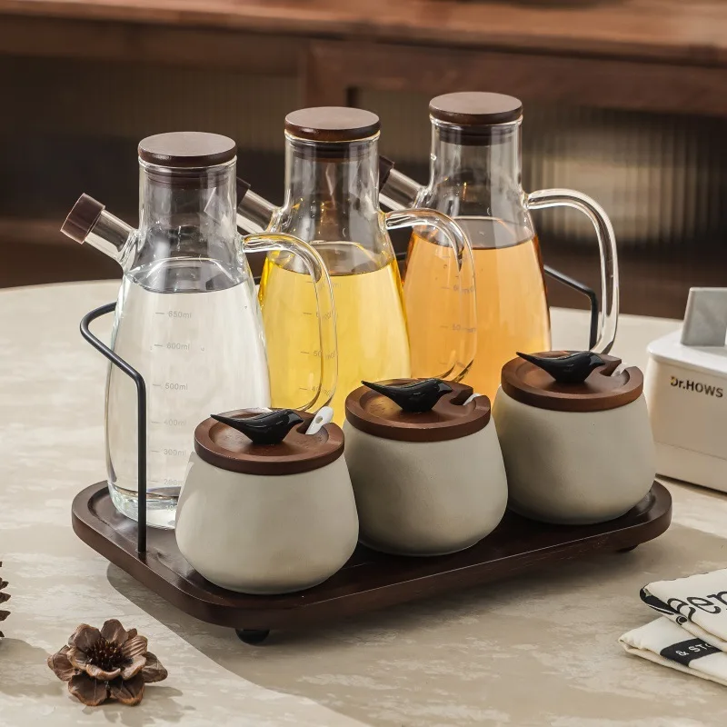 3PCS/4PCS Aesthetic Mid-century Seasoning Jar Set With Wooden Tray Light Luxury Ceramic Canister Glass Oil Pot For Home Kitchen