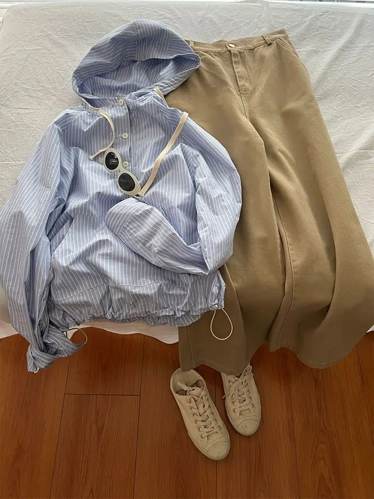 Retro Korean Edition New Striped Hooded Shirt Top Long Sleeve Loose Design Casual Shirt For Women
