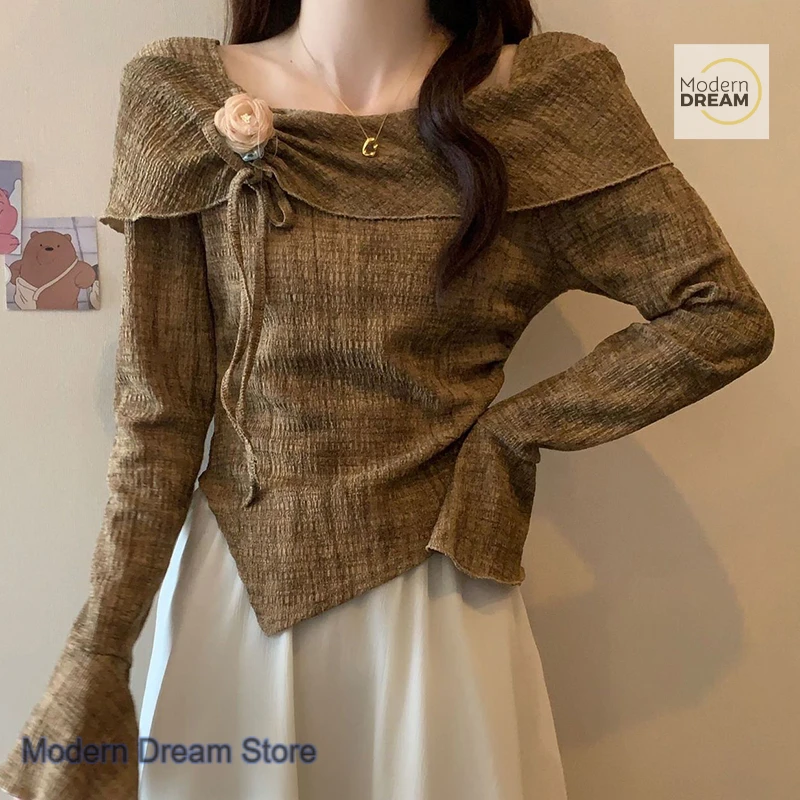 

French sweet irregular long-sleeved T-shirt women's spring and autumn new fashion temperament chic one-shoulder plus size coat