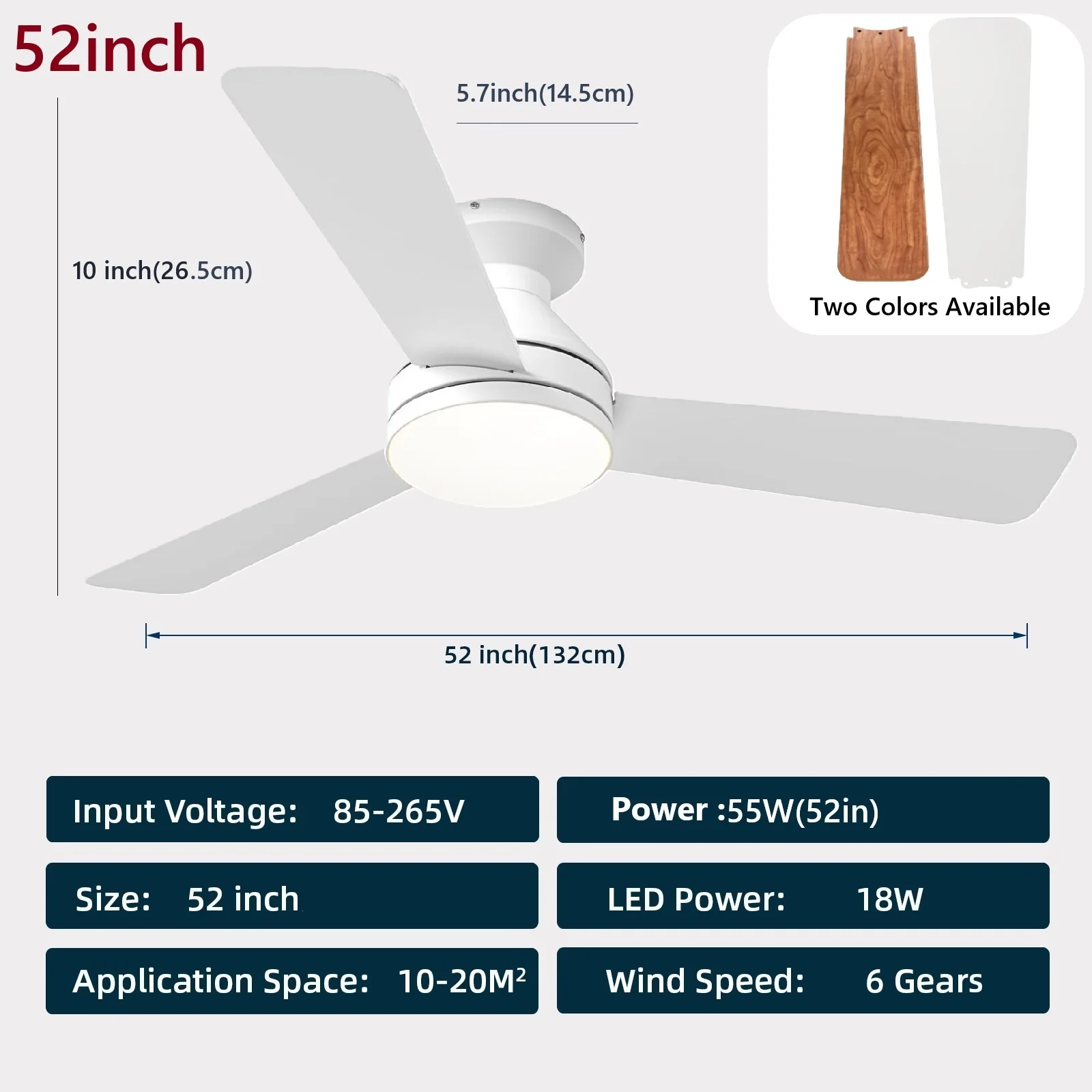 52 inch slimme plafondventilator met verlichting en afstandsbediening, 3-kleuren licht, 6-snelheden timer voor slaapkamer, woonkamer, LED-verlichting