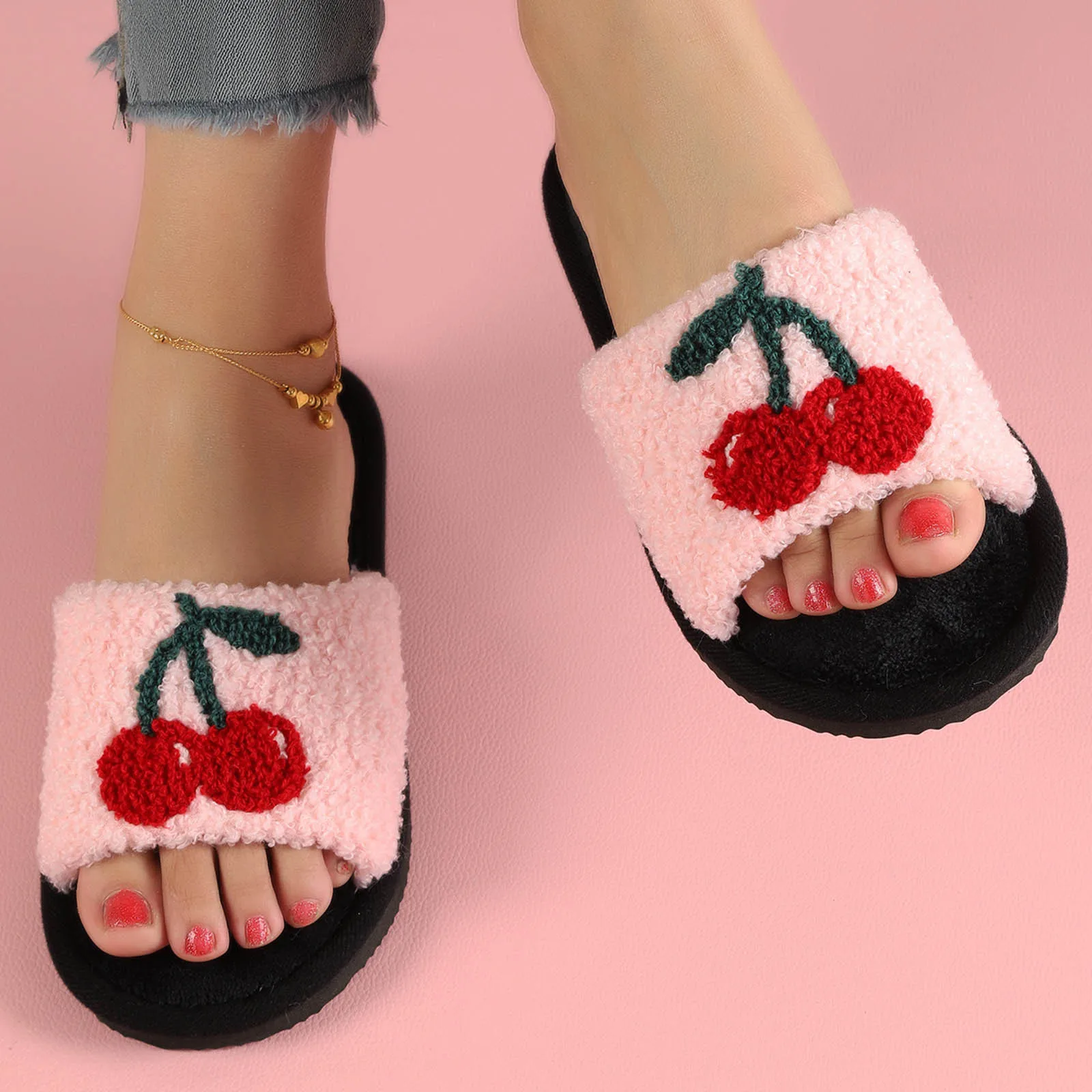 Cute Cherry Cotton Slippers Women Indoor Bedroom Soft Sole Non Slip Slides Woman Fluffy Plush Warm Winter Slippers For Indoor