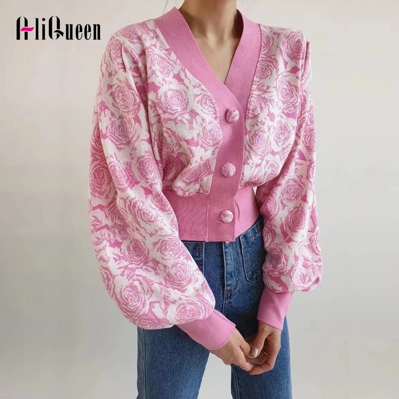 

Vintage Black Flower Lantern Sleeve V Neck Women Cardigan Ladies Knitted Sweater Coat Autumn Single Breasted Cardigans Crop Tops