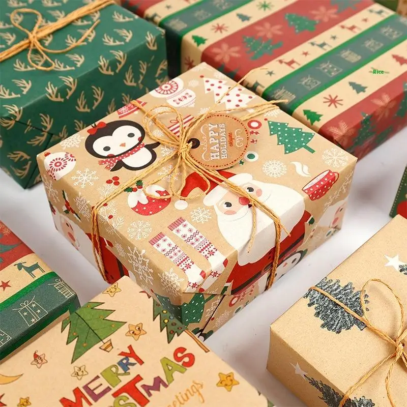 1 قطعة ورق كرافت احتفالي مع شجرة ندفة الثلج وأنماط زخرفة مثالية لتغليف هدايا العيد لفة ورق تغليف عيد الميلاد #4