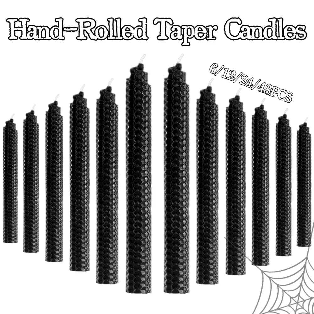 6-48PCS Halloween Beeswax Taper Candles Honeycomb Design Wax Candle Black Pillar Candle for Christmas Wedding Party Home Decor