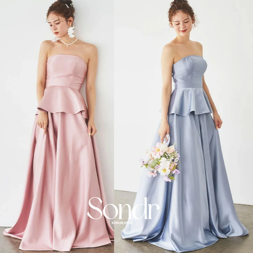 

Sondr Japanese Evening Party Dresses Strapless Korean Colored Wedding Dresses Customized A Line Silk Satin Prom Party Gown