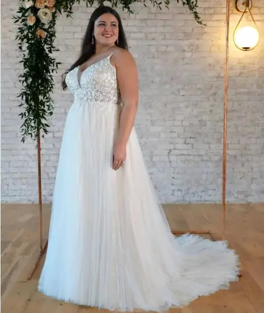 Rücken freie Plus Size Brautkleider A-Linie Spaghetti träger Tüll Spitze Boho Bohemian Brautkleid Brautkleider Vestidos de Novia