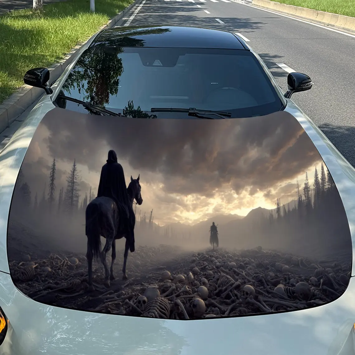 

Gothic Grim Reaper Skull Landscape Auto Cover Sticker, Waterproof and Self-adhesive Auto Hood Decal, Auto Vinyl Wraps, Cool Car