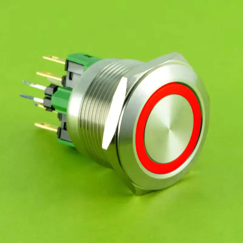 ELEWIND 22 مم ألومنيوم أسود/فولاذ مقاوم للصدأ RGB LED مفتاح بـزر دفع، 3 ألوان حلقة، مؤقتة، 12 فولت (PM221F-11E/RGB/12V/S)