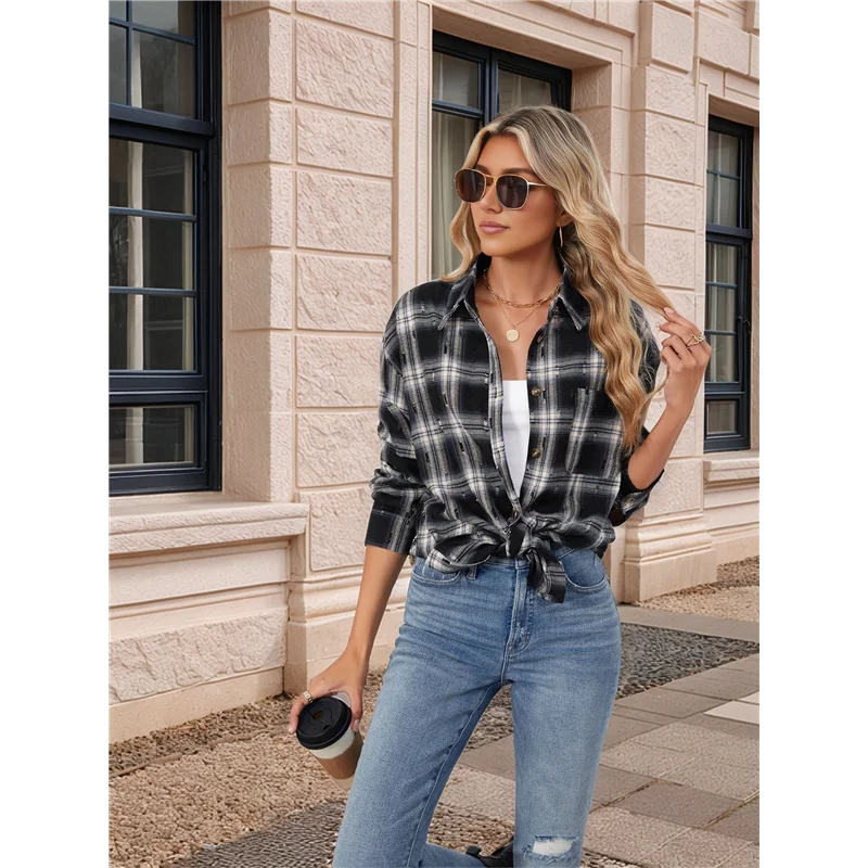 

Женские фланелевые рубашки на пуговицах в клетку, с длинным рукавом и воротником, деловые повседневные топы, рабочие блузки