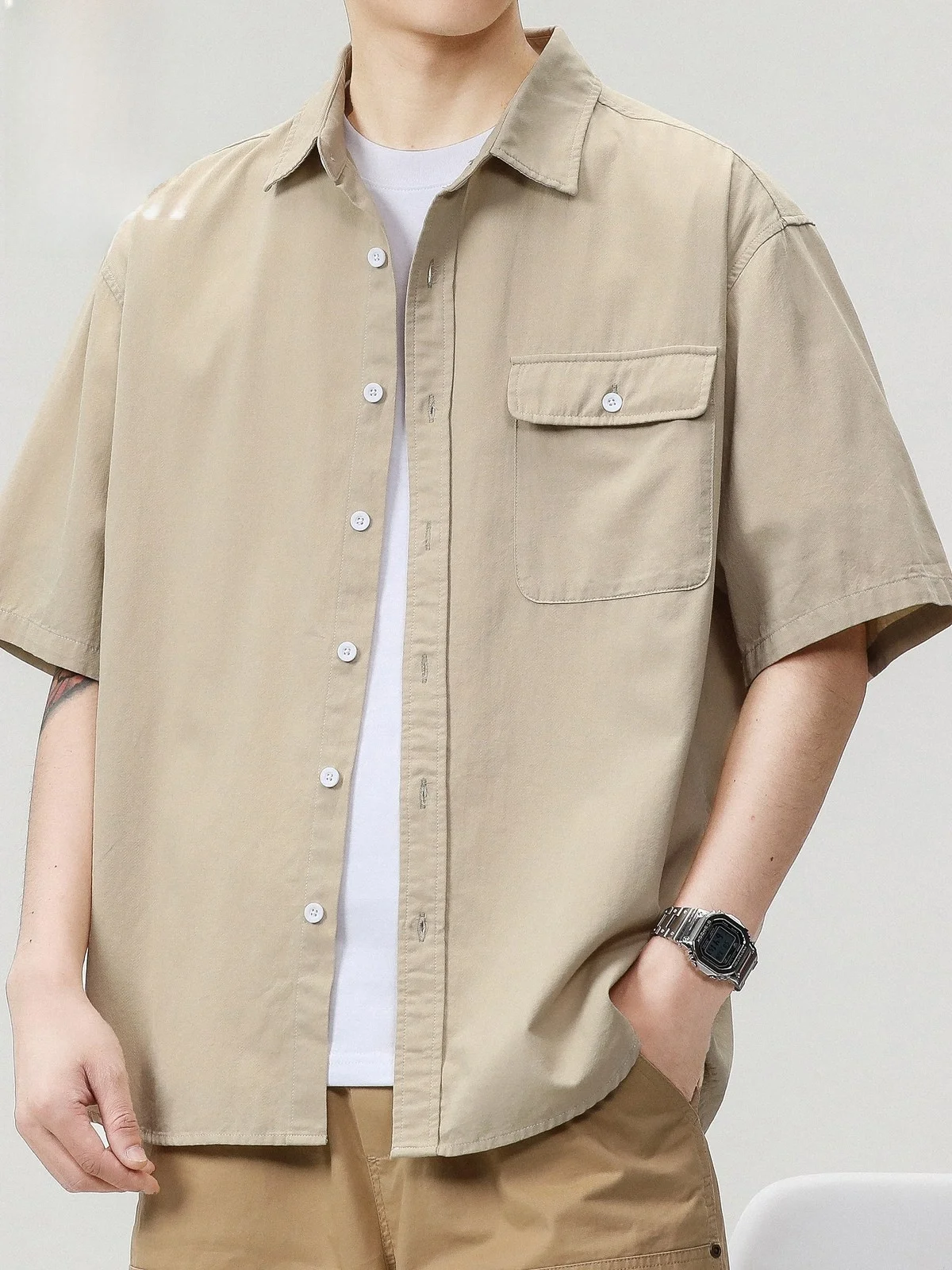 

Мужская рубашка с коротким рукавом из чистого хлопка, свободного кроя, повседневная, модная, летняя, в японском стиле, на пуговицах