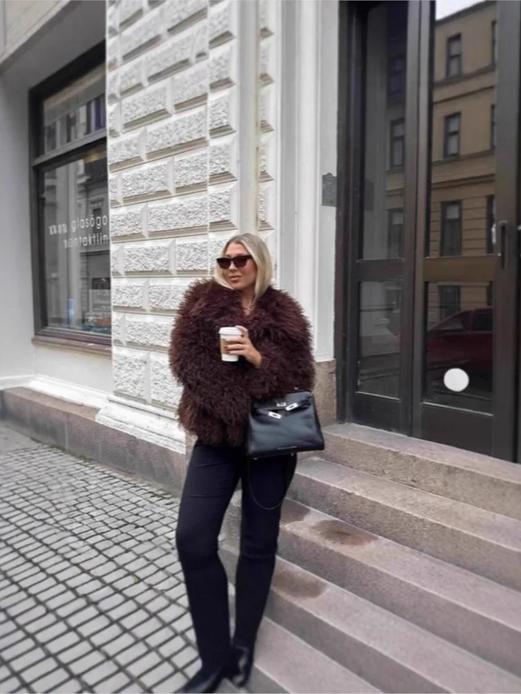 KIDCRKJ المرأة الشتاء ايكو الفراء سترة دافئة رقيق فضفاض كم طويل التلبيب سترة معطف الفرو موضة شارع العليا سيدة معطف فرو منك #3