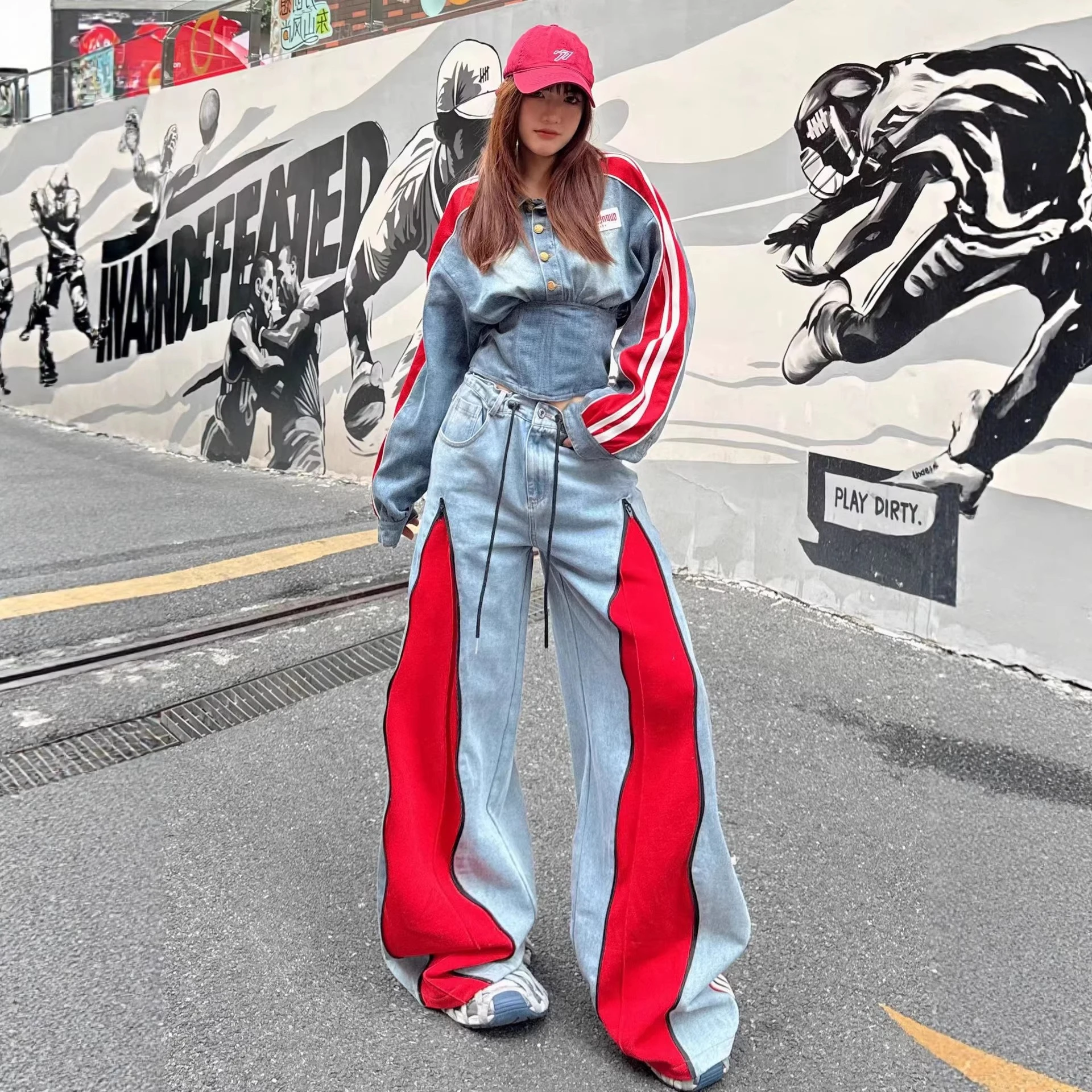 European Style Women's Jeans 2026 Spring New Heavy Zipper Pleated Color-Block Design Loose Trendy Long Pants