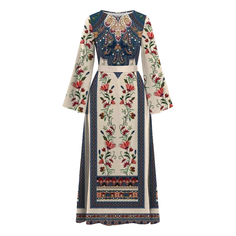 Muslim Abaya Women Islam Clothing Dresses Dubai Turkey 2024 Boho Print O-Neck Abaya Marocain Muslim Dresses Detachable Belt