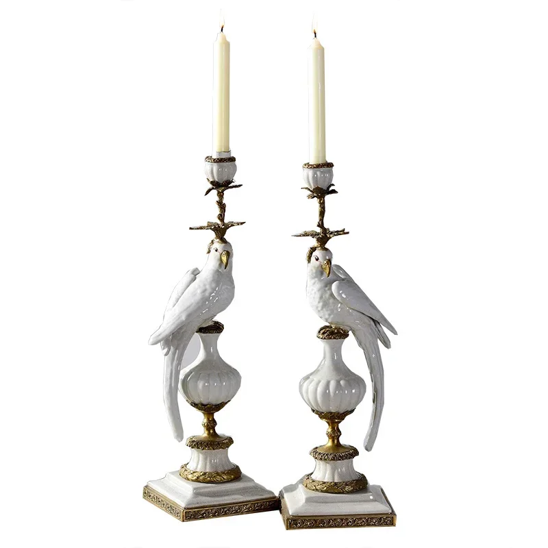 Pure copper candlestick ornaments blue and white ceramic parrot candlestick porch classical home living room crafts ornaments