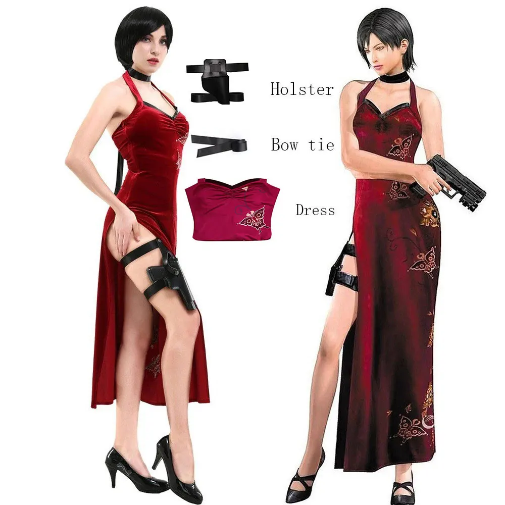 Fantasia de Cosplay Ada Wong, Uniforme de Halloween e Natal para Mulheres, Cheongsam Vermelho com Renda, Traje de Lingerie, Fantasia de Agente Secreto de Cinema