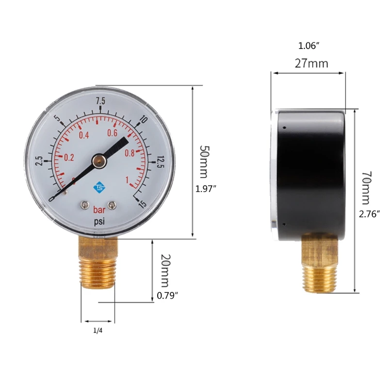 Low Pressure Guage For Fuel Air Oil Or Water 0-15psi/0-1bar BSPT Bottom Mount 0-1 bar/0-15psi 1/4 BSPT Thread