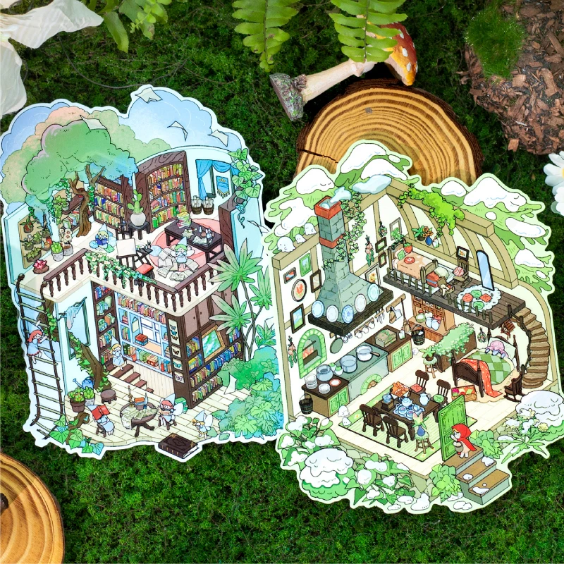 Kawaii theekransje 3D Bos Roodkapje Landschap Sticker DIY Pocket Cabin Scène Festival HolidayChildren geschenken