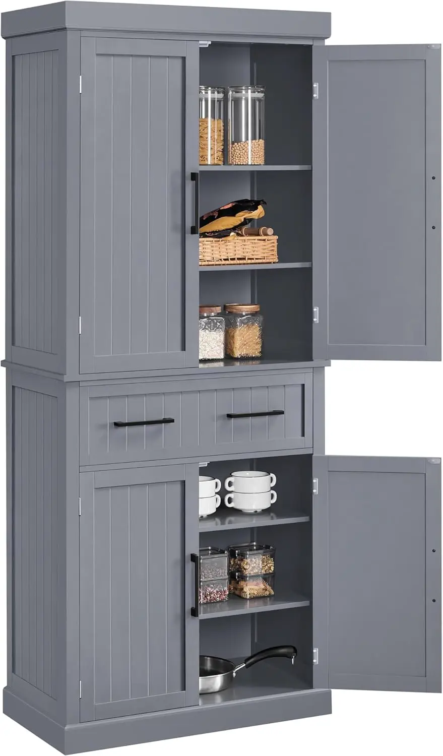 Kitchen Pantry Storage Cabinet with Drawer, Cupboard Pantry Cabinets with Adjustable Shelves and Barn Doors