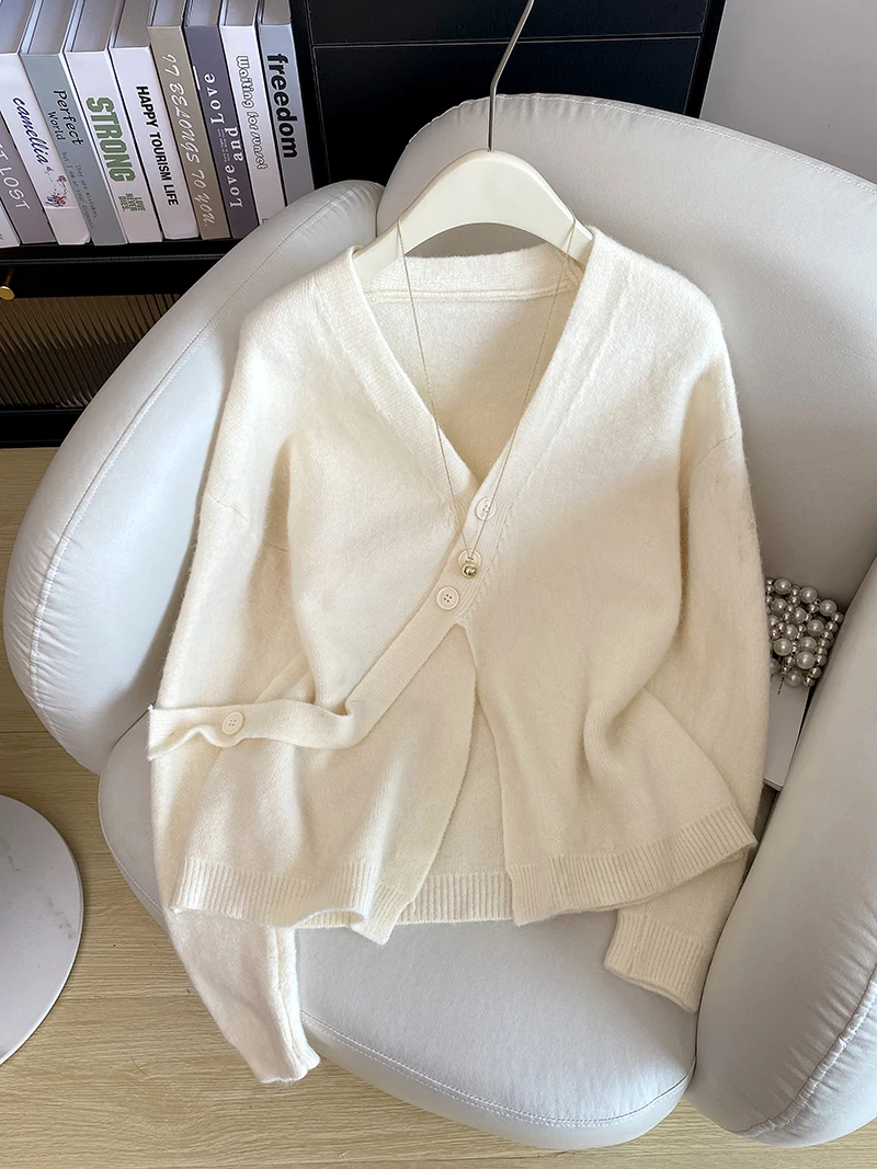 

Женский вязаный открытый кардиган с v-образным вырезом, осень-зима, нерегулярный дизайн на пуговицах, корейская верхняя одежда, длинный свитер миди свека