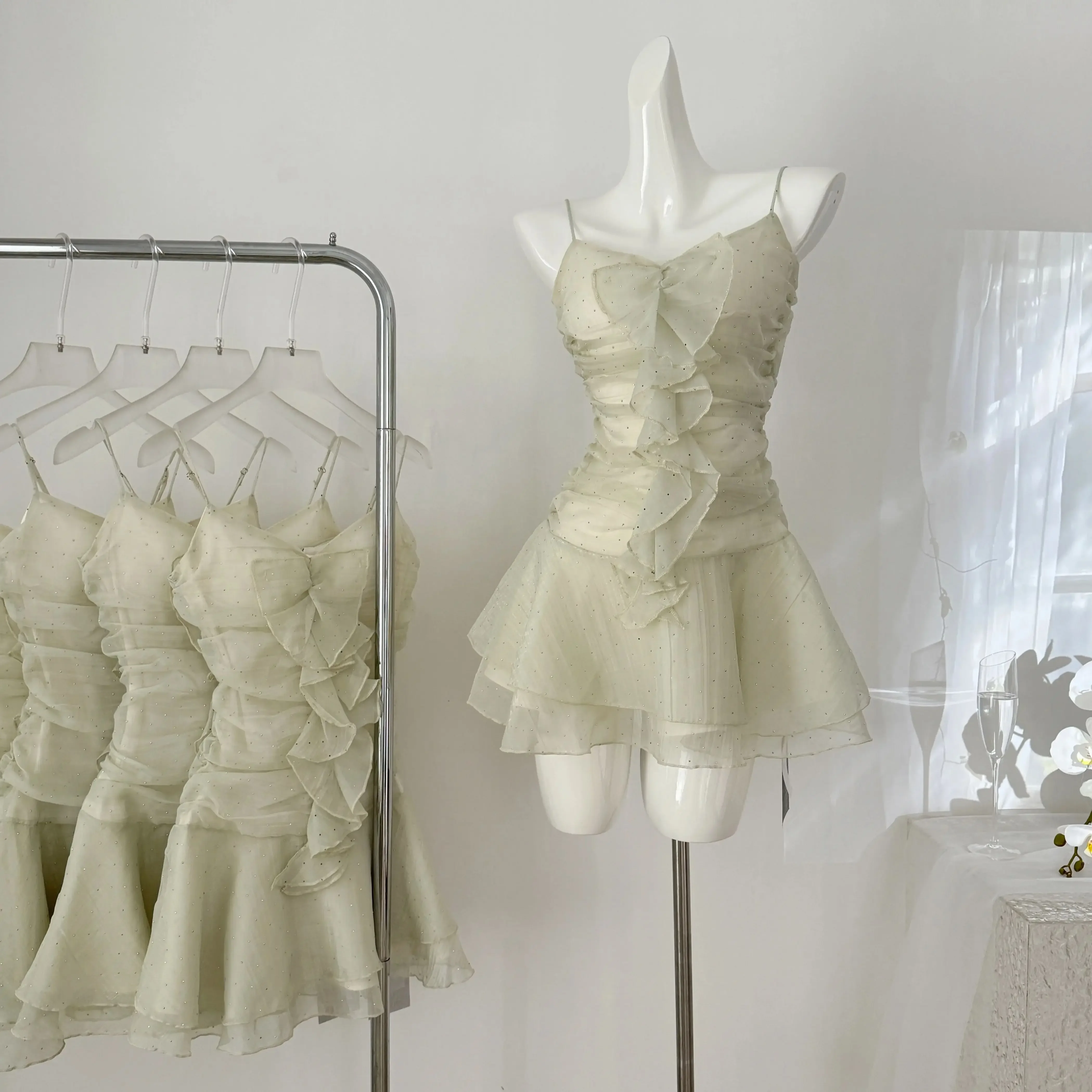 

Light Green A-line Dress Y2k Mini Mesh Dresses for Women Elegant Sleeveless Off Shoulder Piece Frocks 2000s Clothes 2025