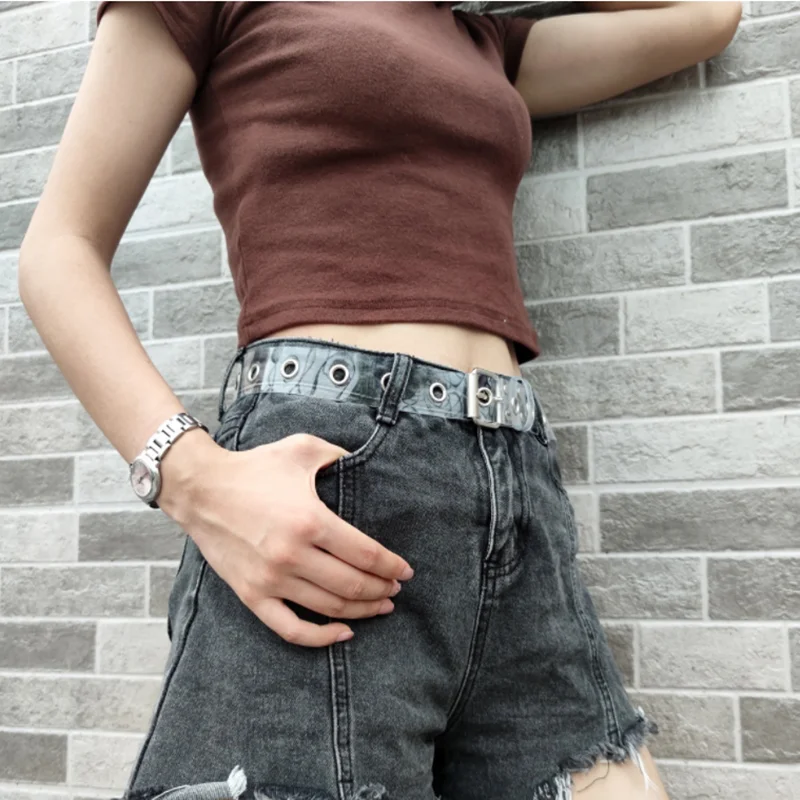 1PC Women Clear Full Grommet Belt Female Disigner Punk Rivet Pin Buckle Waist Resin Plastic PVC Trouser Jeans Transparent Belts