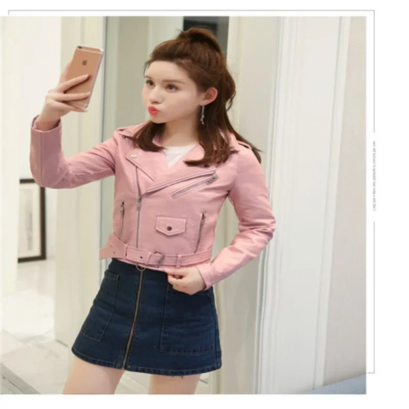 Short PU Skin Slim-fit Leather Double Breasted Belted Trench Coat Female Yellow Pink Black Date Red Motorcycle Leather Jacket