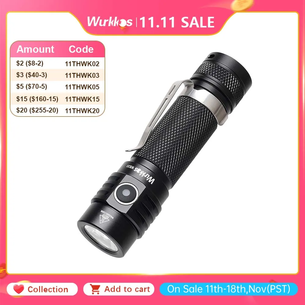 Wurkkos WK03 LED Flashlight 18650 Torch 1800LM ATR Luminus SST40 Rechargeable USB C Light IP68 Waterproof for Hiking Camping