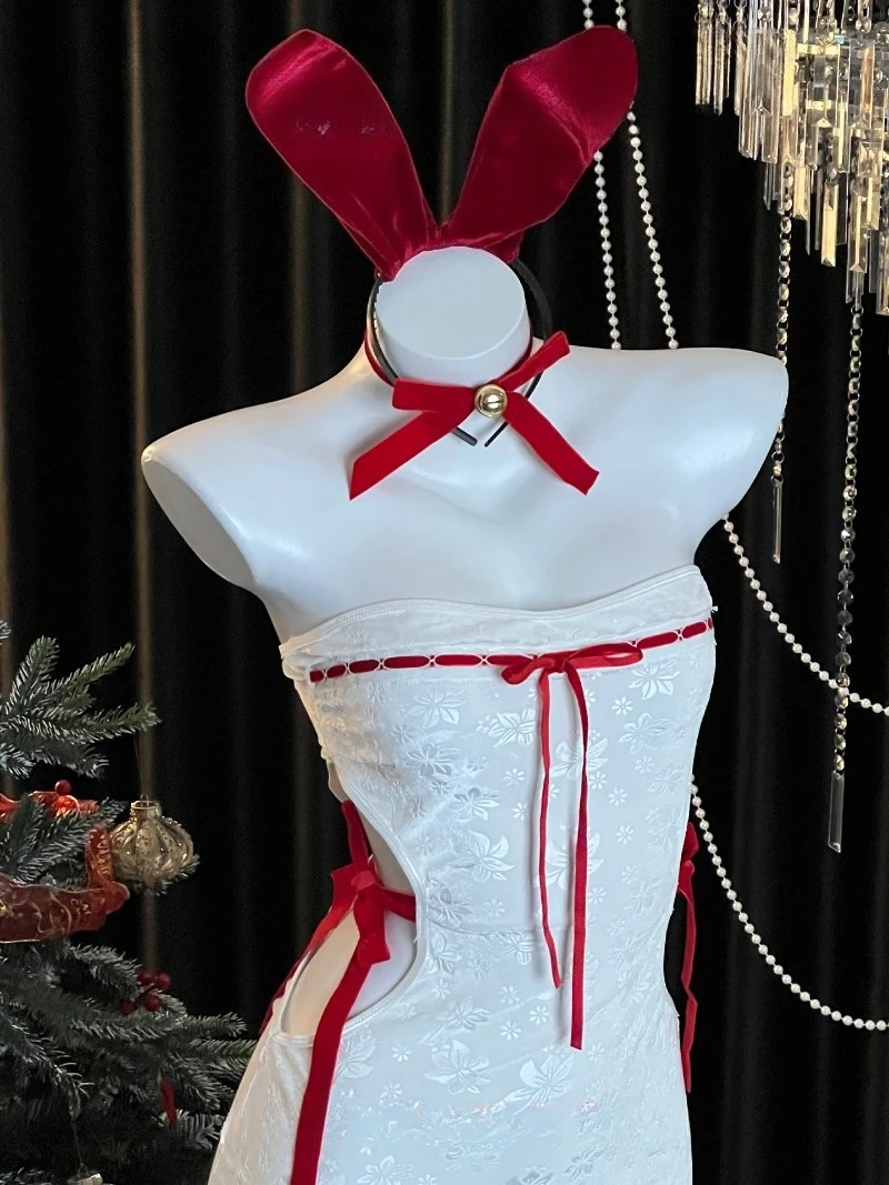 달콤한 크리스마스 토끼 소녀 드레스, 여자를 위한 원 숄더 스트랩리스 컷아웃 타이트 피팅 드레스, 순수한 욕망 롤플레이 유니폼, 섹시