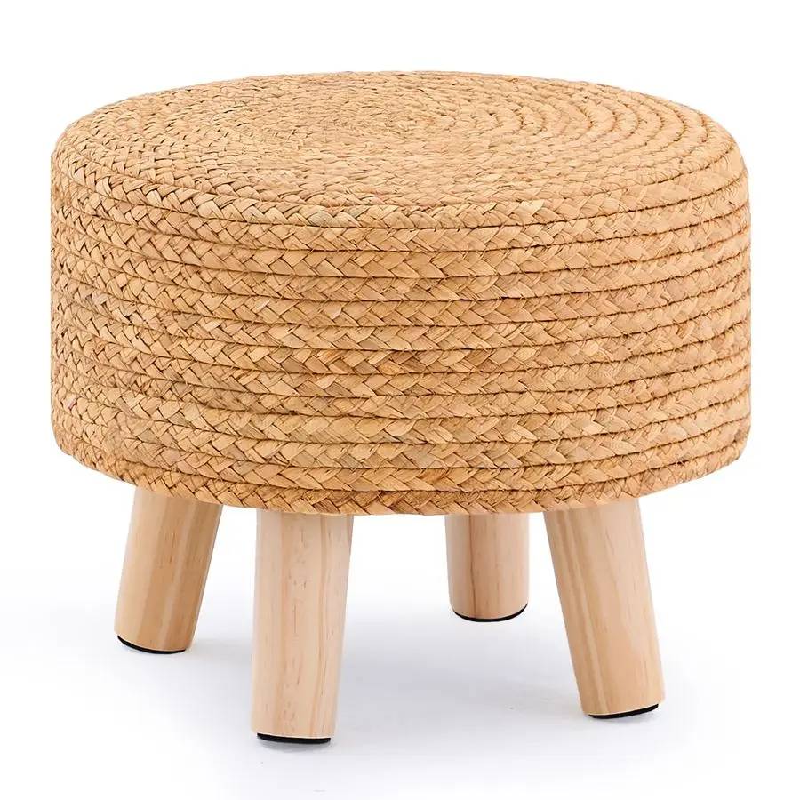 

Круглый пуф из натурального водного гиацинта для улицы, низкий табурет из морской травы с деревянными ножками, мягкая подушка-подставка для ног для гостиной