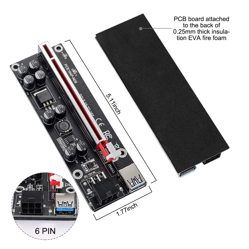 PCI-E Riser Board with LED Dynamic Light PCI-Express 6 Pin Extender with 8 Solid Capacitors, Red Slot, Black USB