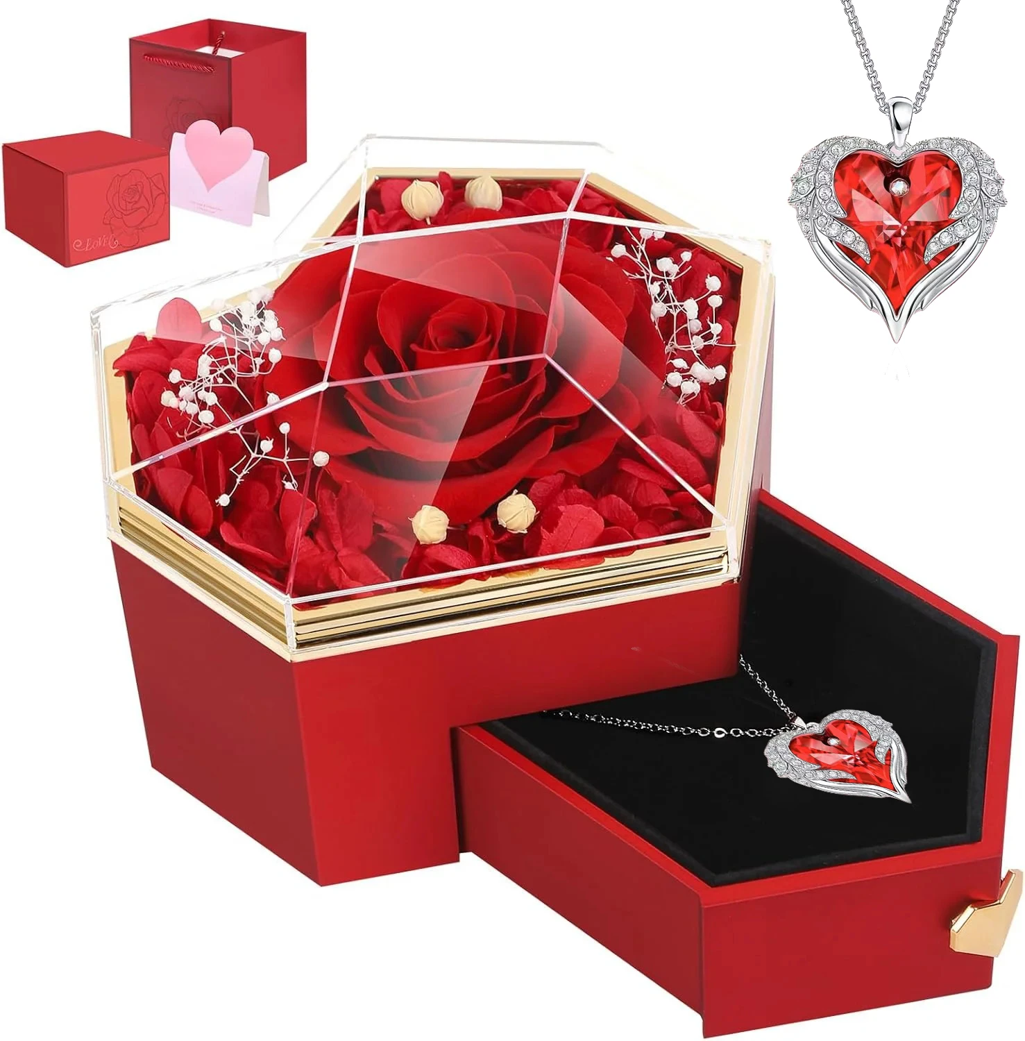 

New Hot Selling Valentine's Day Gift Ocean Heart Love Necklace with Eternal Rose Jewelry Box For Girl Mother Christmas Gifts