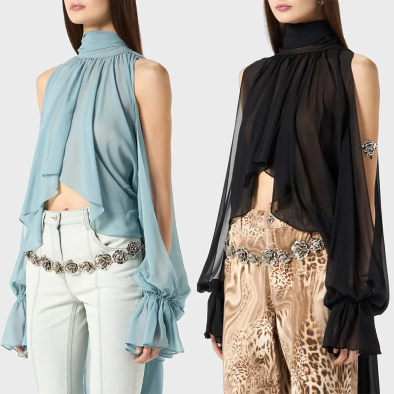 

Solid Color Off-Shoulder Blouse For Women O Neck Sleeveless Chiffon Shirt Slimming Design Elegant Temperament Top Fashion 2025