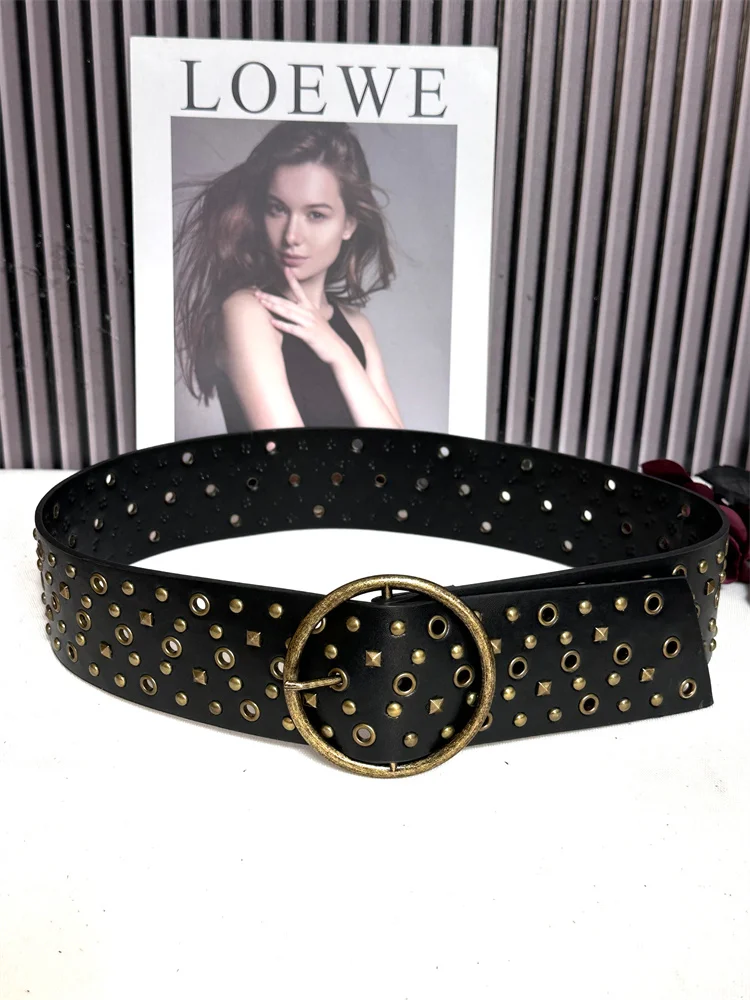 Punk Black Coffee Rivet Studded Waist Belts for Women Wide Circular Buckle Adjustable Women Belts PU Leather Ceinture Pour Femme