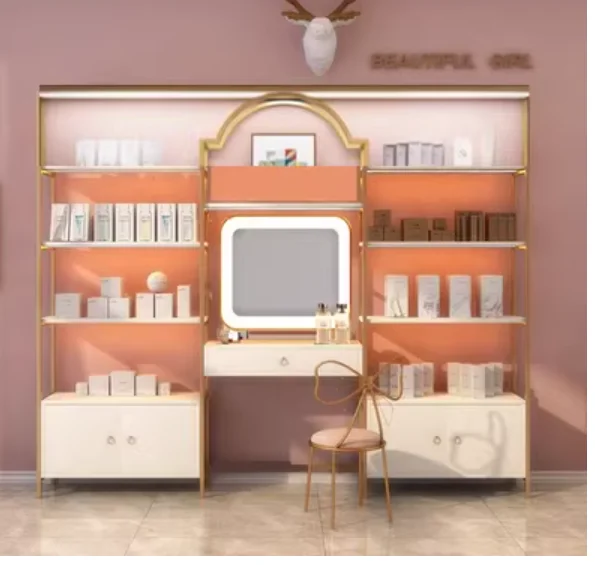 

Beauty salon with light product display cabinet Cosmetics shelf Skin care display stand Nail salon with square mirror vanity tab