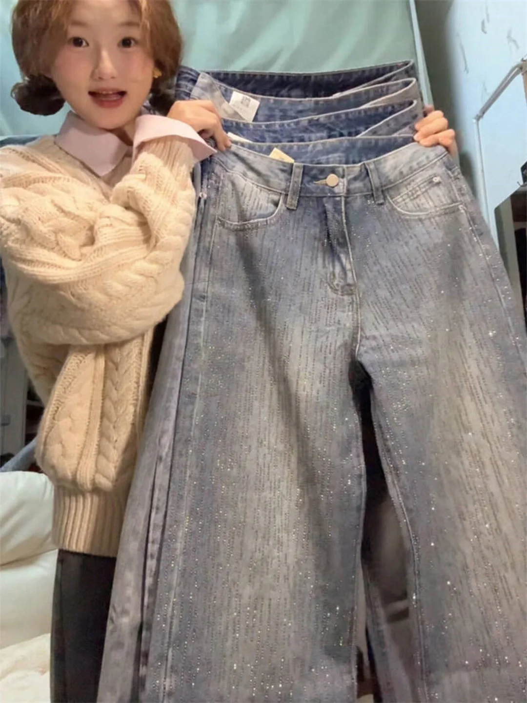 

Korean Design Sensation Flash Sparkling Rhinestone Wide Leg Jeans Women's New 2026 High Waist Loose Versatile Slim Straight P...