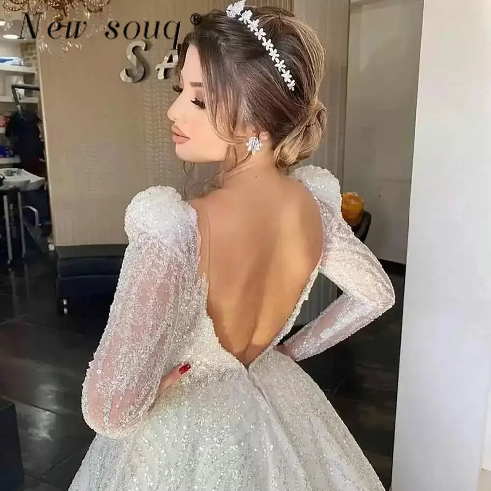 Arabic Sparkling Sequins Long Sleeves Wedding Dresses 2023 Dubai Muslim A Line Sexy Backless Bridal Gowns Shiny Robes De Mariee