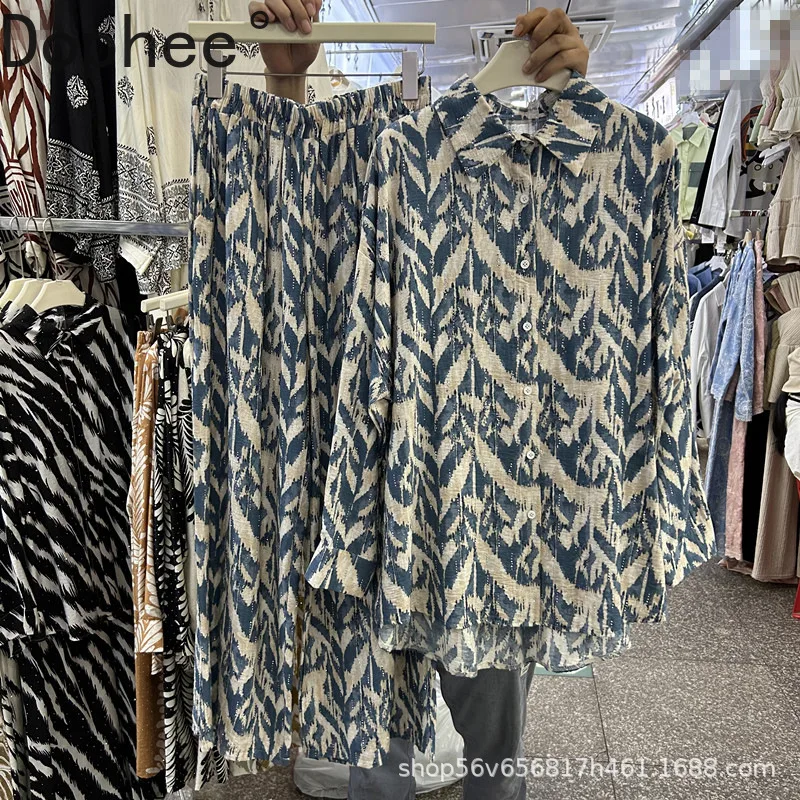 

Повседневные женские комплекты рубашек с длинным рукавом, весенне-осенние свободные кардиганы с принтом, топ + универсальные широкие брюки, женские костюмы