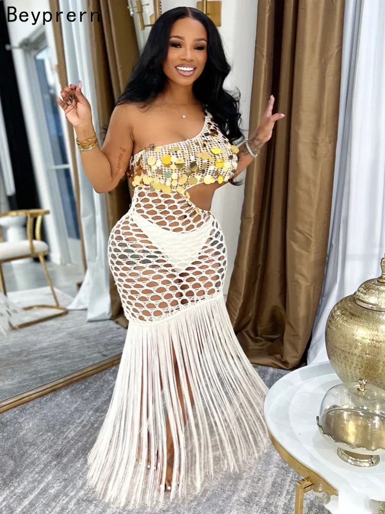 Beyprern Sexy Häkel-Netzkleid für Damen mit Pailletten und Quasten, Bikini-Cover-Up, Sommerliches Ausgeschnittenes Neckholder-Maxikleid für Partys
