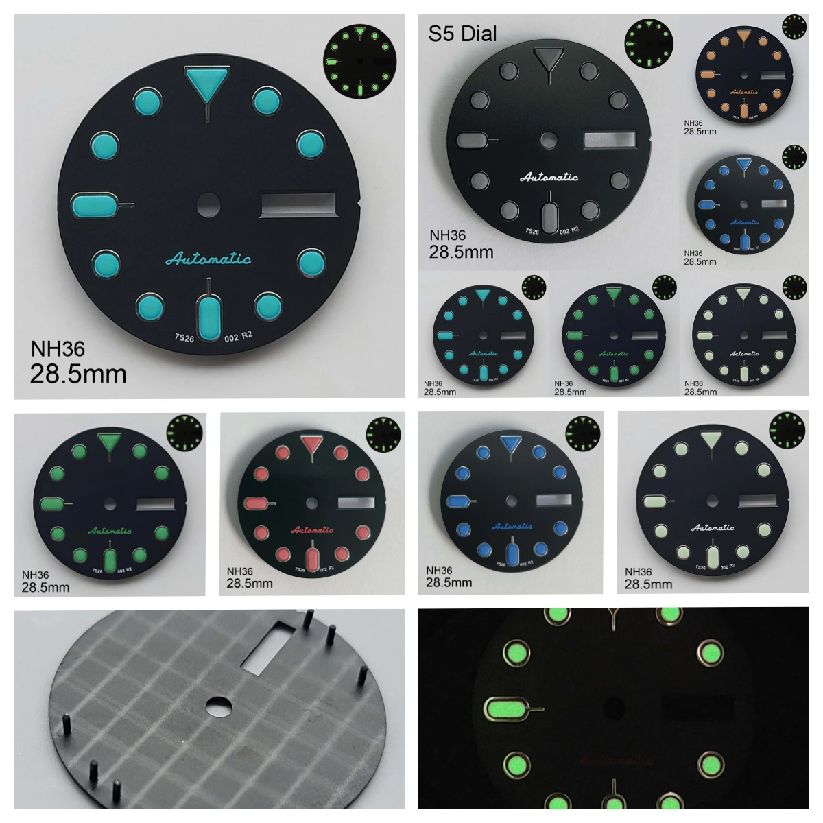 

28.5mm S 5 Logo SKX007 Black Dial Suitable for NH36/4R36 Movement Green Luminous Dual Calendar Watch Modification Accessories